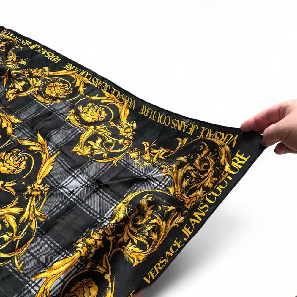 Versace Black and Gold Baroque Plaid Silk Scarf - Picture 6 of 8
